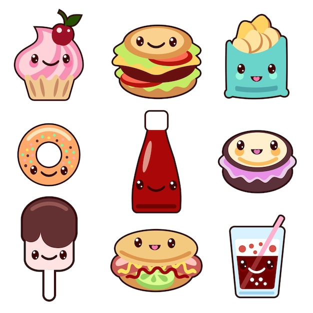 Free vector set of fast food and fruit kawaii characters