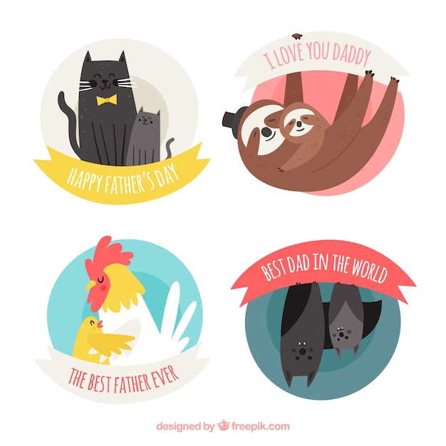 Free vector set of father's day labels with cute animals in flat style