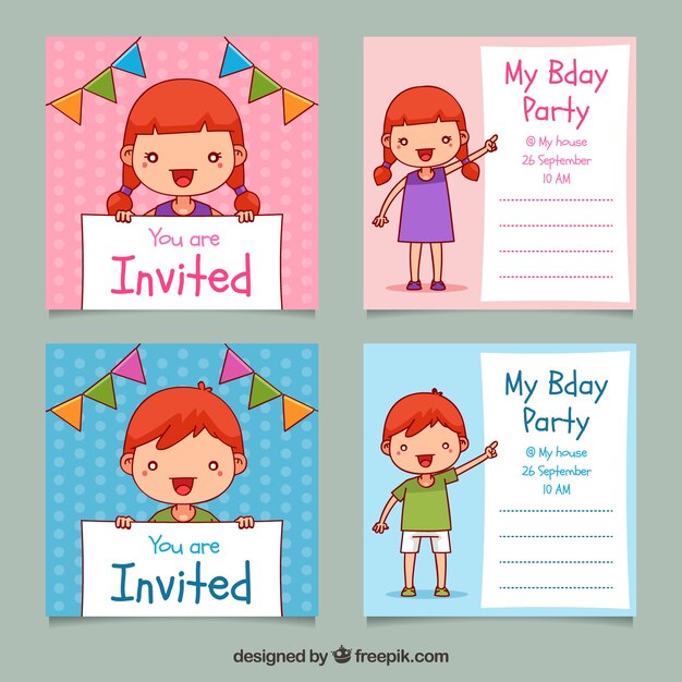 Set of four hand drawn square birthday invitations