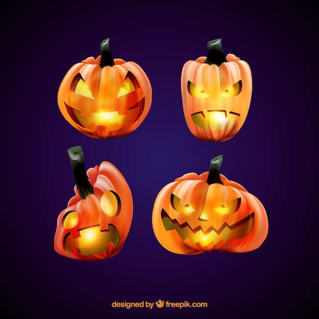 Free Vector set of four lighted pumpkins