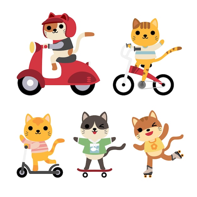 Free Vector set of funny cats in activities: riding, bike, cycle, roller skating, skateboarding