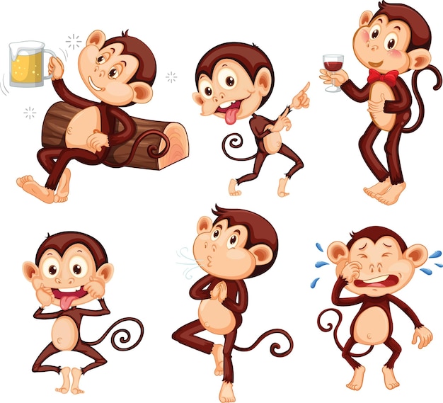 Free Vector set of funny monkeys doing different activities