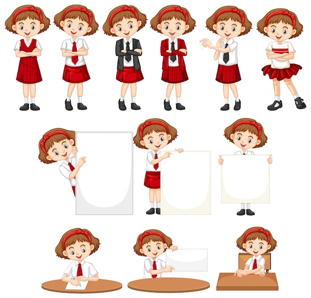 Free Vector set of girl in school uniform doing different things