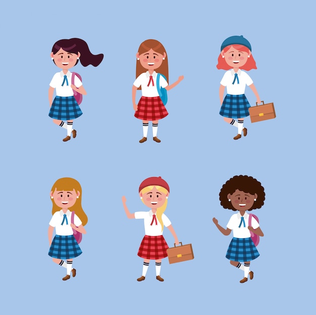 Free Vector set of girls students with uniform and backpack