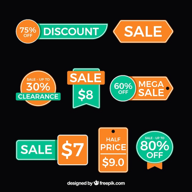 Free vector set of green and orange sale sticker