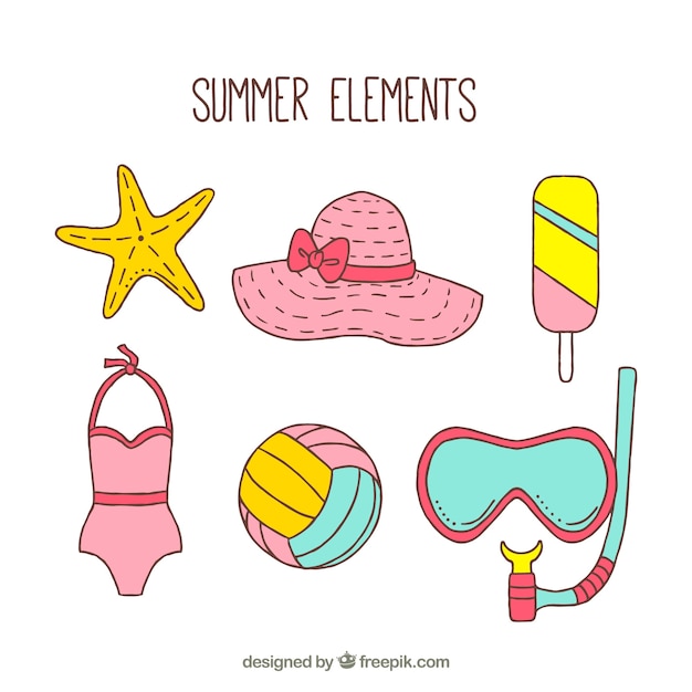 Free Vector set of hand drawn beach elements