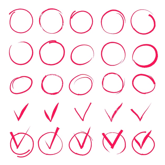 Free Vector set of hand drawn highlight red circles and check mark icons.