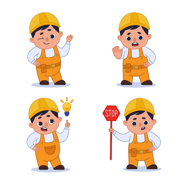 Free vector set of hand-drawn workers showing ok gesture, stop sign, stop gesture, having idea