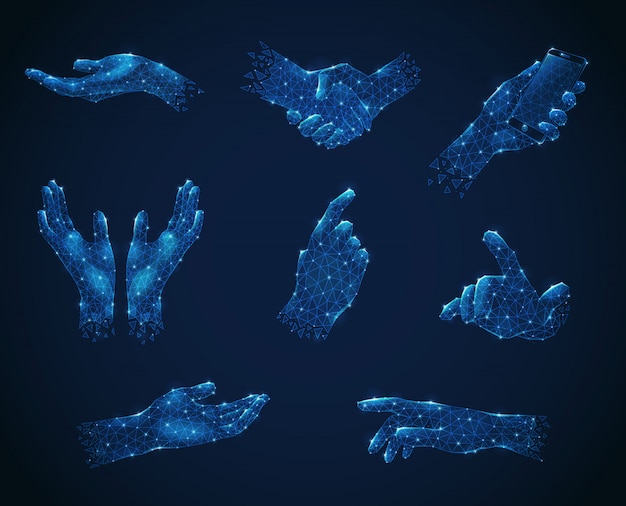 Free Vector set of hand gestures in blue polygonal wireframe style luminescent