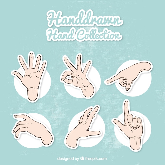 Set of hand sketches and sign language