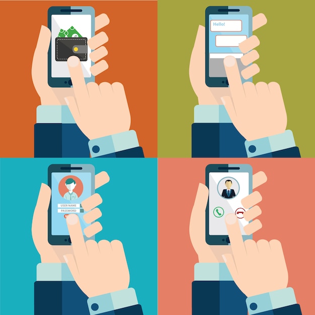 Free vector set of hand touching smartphone screen
