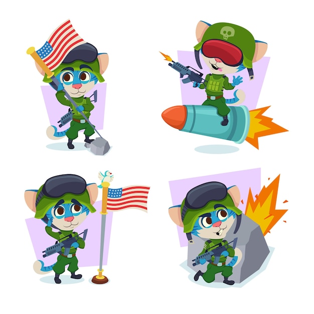 Free vector set of handdrawn soldier cats holding american flag flying on missile saluting hiding during bomb attack