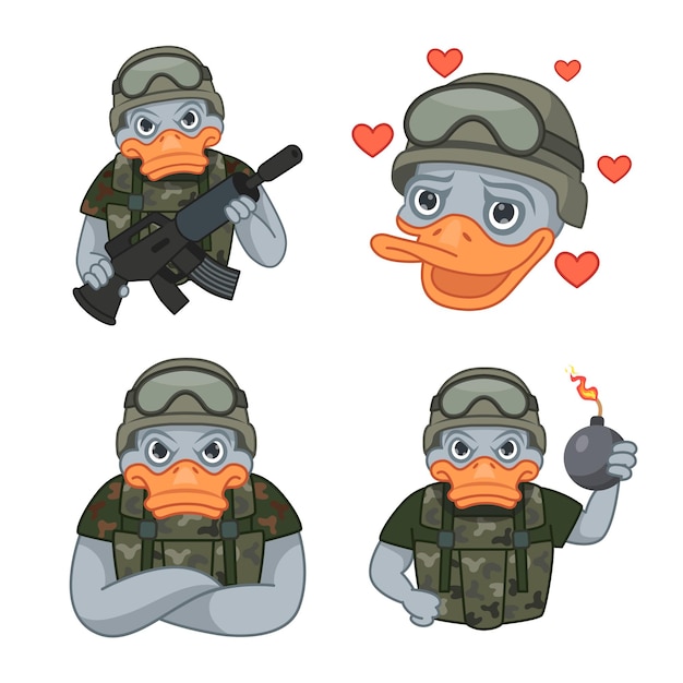 Free vector set of handdrawn soldier ducks holding sniper rifle feeling love crossing arms holding bomb