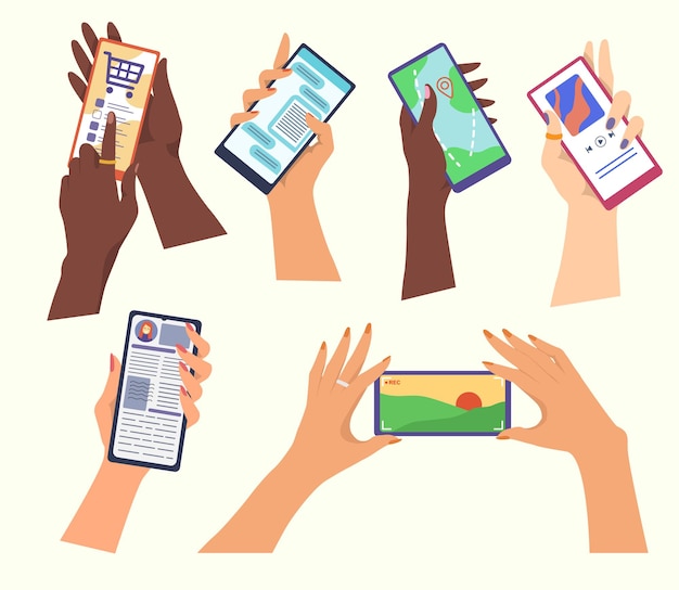 Set of hands holding smartphones. Cartoon illustration