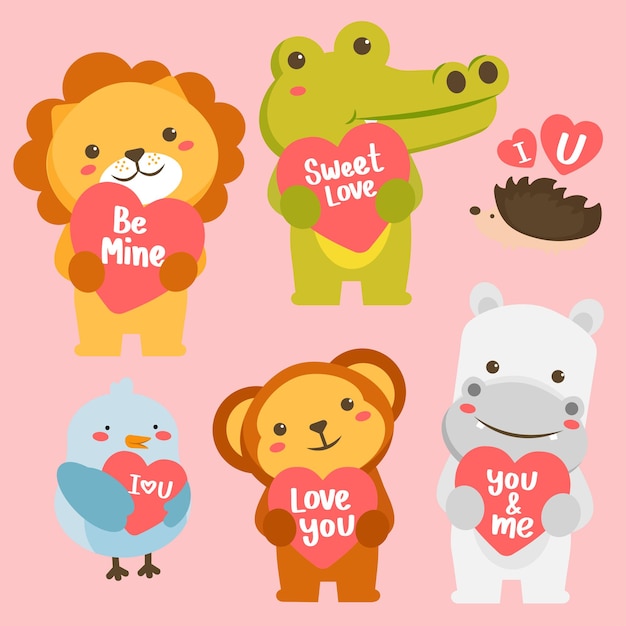 Set of happy animals in cartoon style with love greeting card. Celebrating Saint Valentine's day