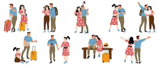 Free Vector set of happy couple traveling together