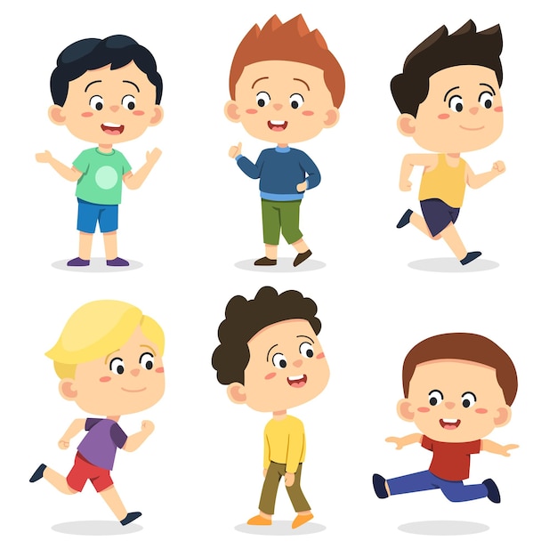 Free Vector set of happy multiethnic preschool boys standing in different action