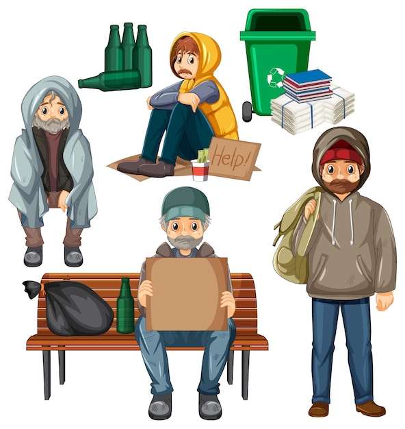 Free Vector set of homeless man in different poses