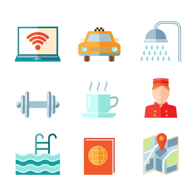 Set of hotel computer car taxi shower gym icons in flat color style 