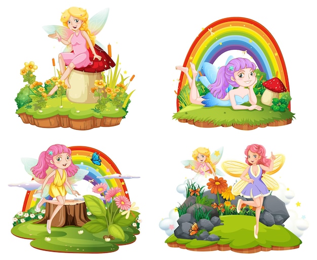 Free Vector set of isolated fantastic forests with beautiful fairies