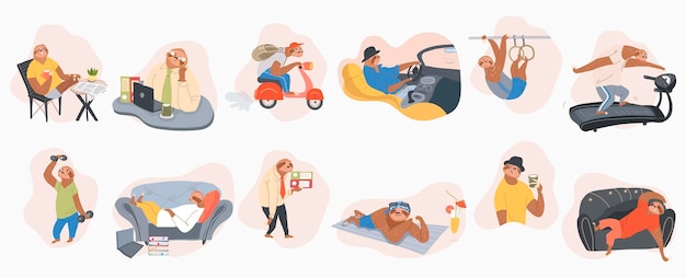 Free Vector set of isolated sloth laziness concept compositions with flat characters of human like sloths different situations vector illustration