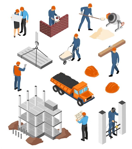 Free vector set of isometric icons architects with blueprints and builders at work with construction materials isolated