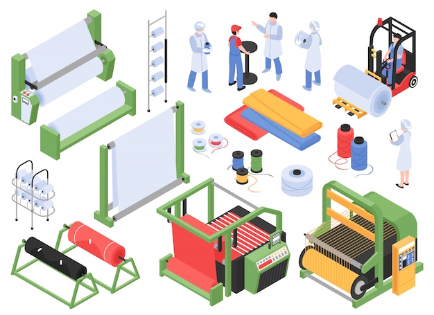 Set of isometric textile factory production isolated s with industrial machinery storage facilities and personnel characters 