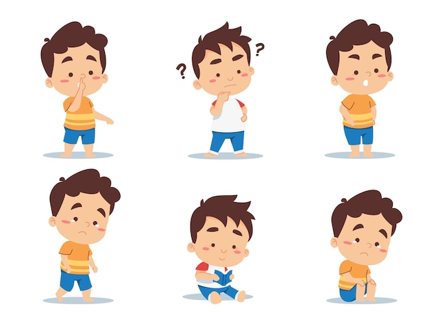 Set of little boys various poses and emotions in cartoon charactor isolated on white background vector illustration