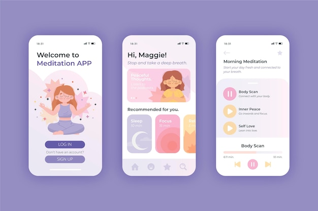 Free vector set of meditation app screens