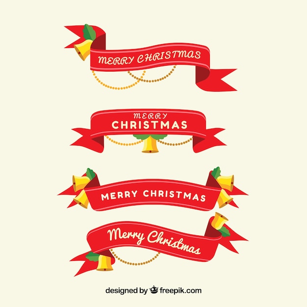 Free Vector set of merry christmas red ribbons