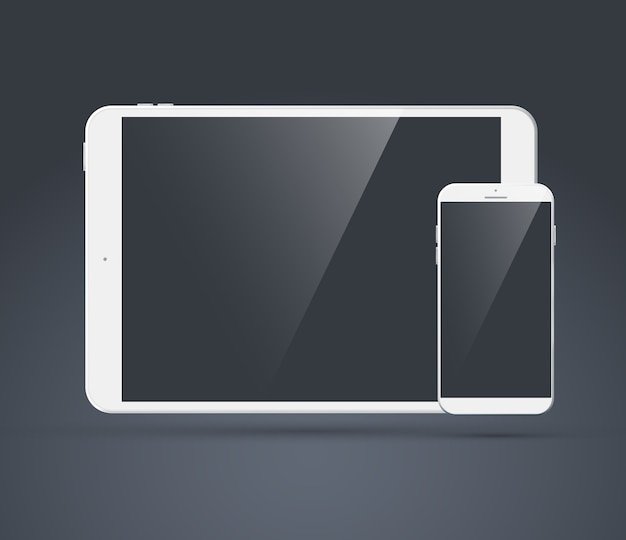 Free vector set of modern tablet and mobile phone on the dark grey  with shadows on theirs glossy displays switch off