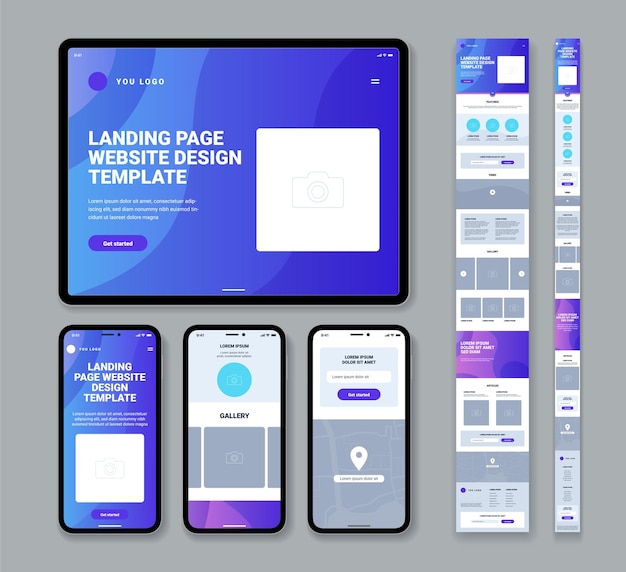 Free vector set of modern website landing page design templates for mobile phone or tablet with gallery articles contact form flat isolated illustration