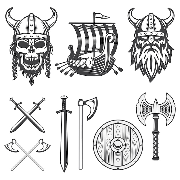 Set of monochrome viking elements isolated on white background