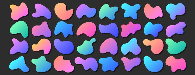 Set of neon gradient irregular liquid blobs or freeform organic abstract shapes