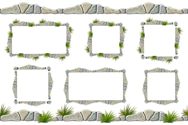 Free vector set of old gray rock border, frames with grass.