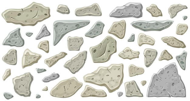 Set of old gray stones Vector rocks for computer games isolated on white background