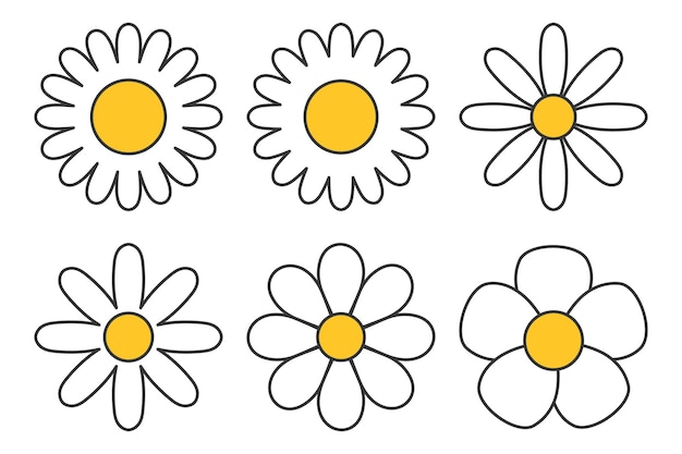 Set of Outline Daisies On White Background