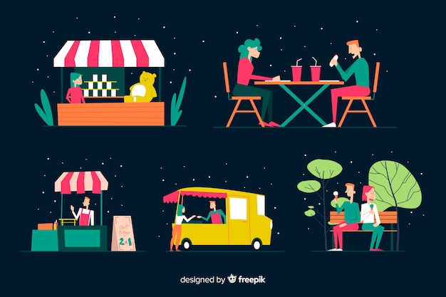 Free Vector set of people at night fair