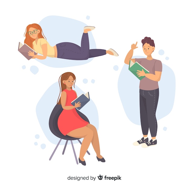 Set of people reading books