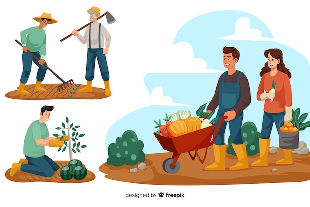 Free vector set of people working at the farm