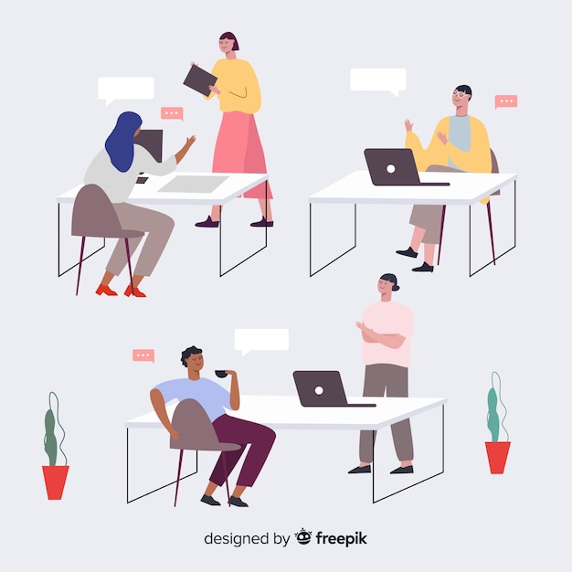 Free Vector set of people working at their desks