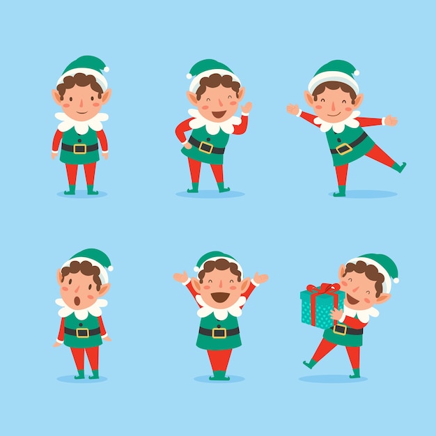 Free vector set of playful christmas elves. collection of  santa claus helpers.