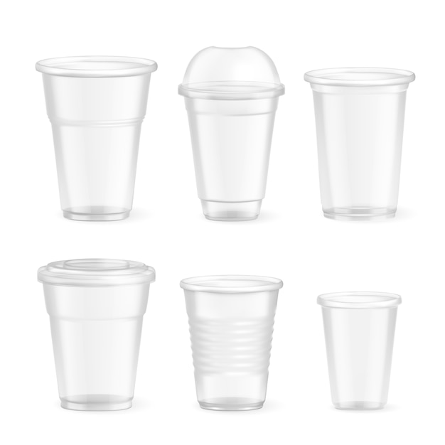 Free vector set of realistic plastic disposable food glasses of various size on white  isolated