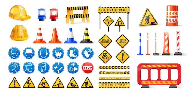 Free Vector set of realistic road repair and safety signs under construction tapes cones and barriers isolated vector illustration