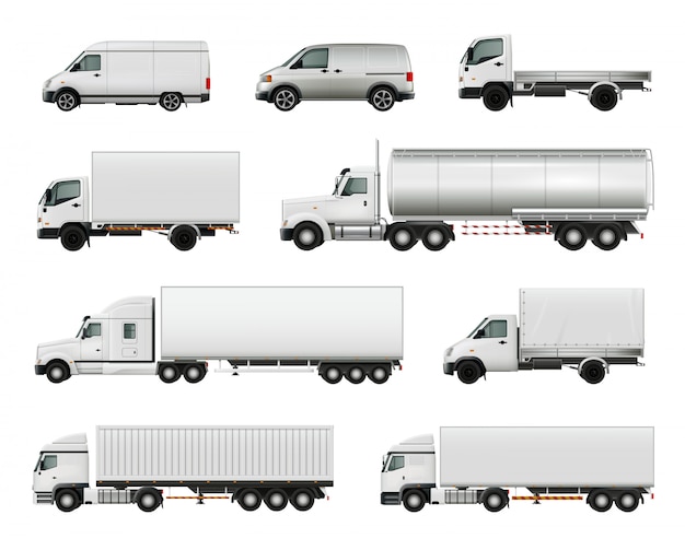 Free Vector set of realistic white cargo vehicles 