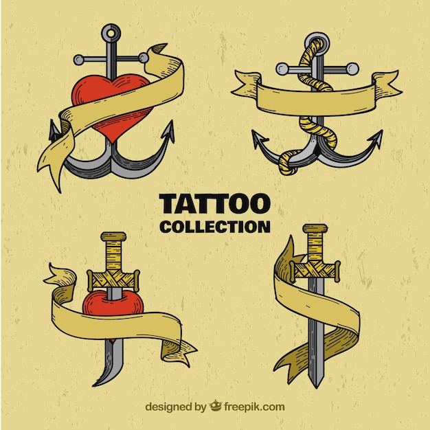 Free Vector set of retro hand drawn anchors and swords tattoos