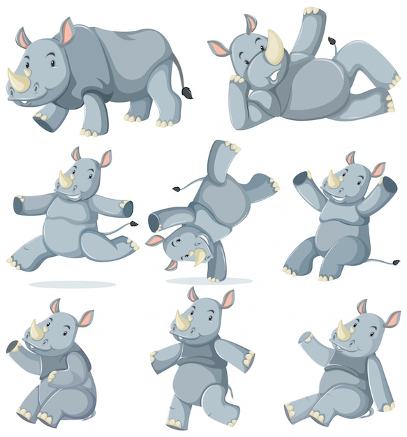 Free Vector set of rhinoceros cartoon character