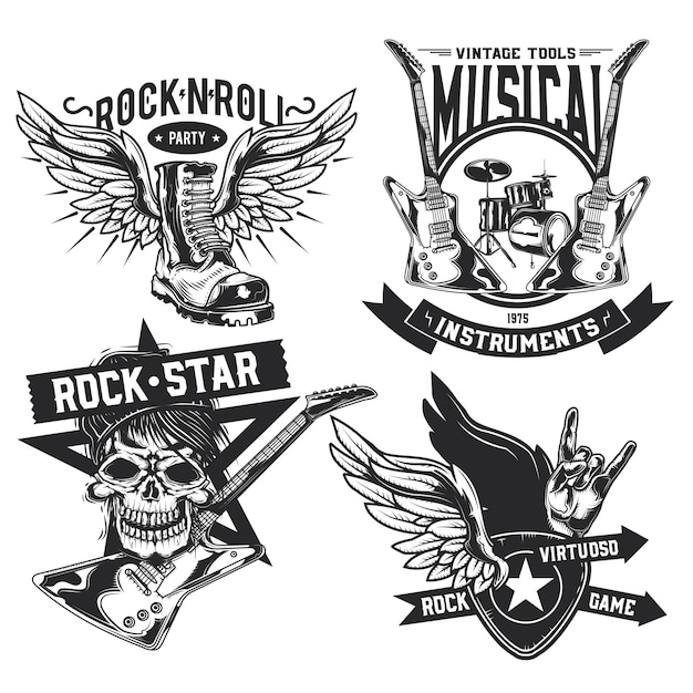 Set of rock elements (skull, boot, drums, wings, guitar, picks) emblems, labels, badges, logos.