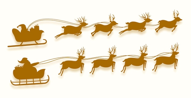 Free Vector set of santa claus flying on reindeer sleigh design for xmas celebration