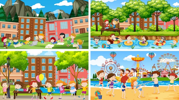 Free Vector set of scenes with childrens paying